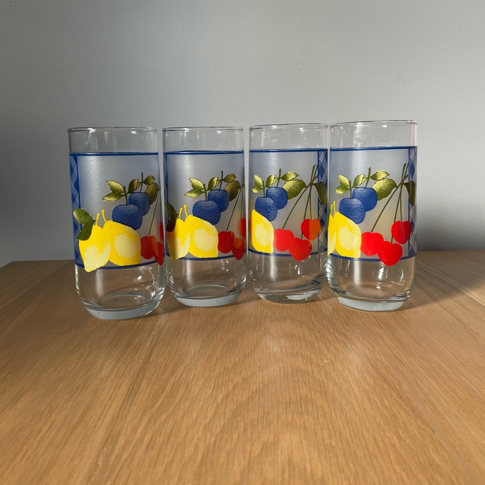 Vintage Fruit with Blue Gingham Pattern Highball Glasses Set of 4